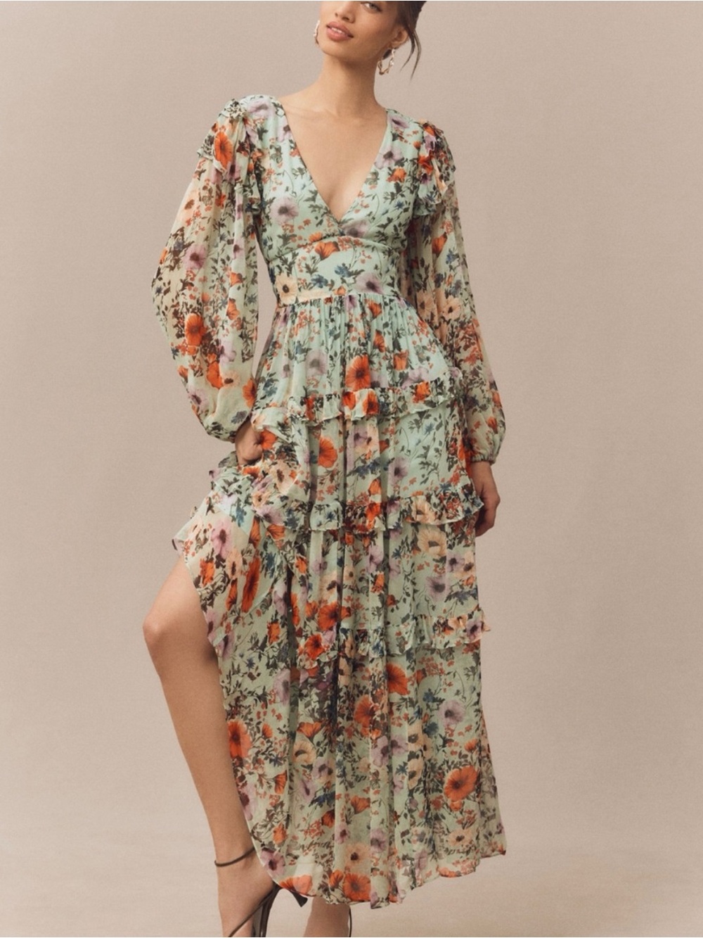BHLDN Anthropology Floral Chiffon Plunge Long-Sleeve Ruffle Maxi Dress
